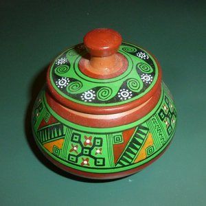 Beautiful Terracotta Pot Trinket Box, with Lid, Painted Green Aztec Design, Peru